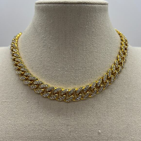 Pave Rhinestones Chunky Cable Chain Necklace 15.5” Gold Toned Snap Clasp - Picture 1 of 10